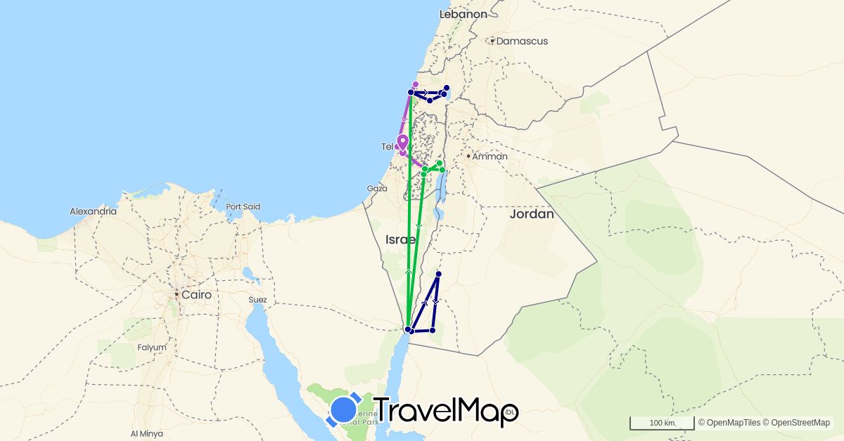 TravelMap itinerary: driving, bus, train in Israel, Jordan, Palestinian Territories (Asia)